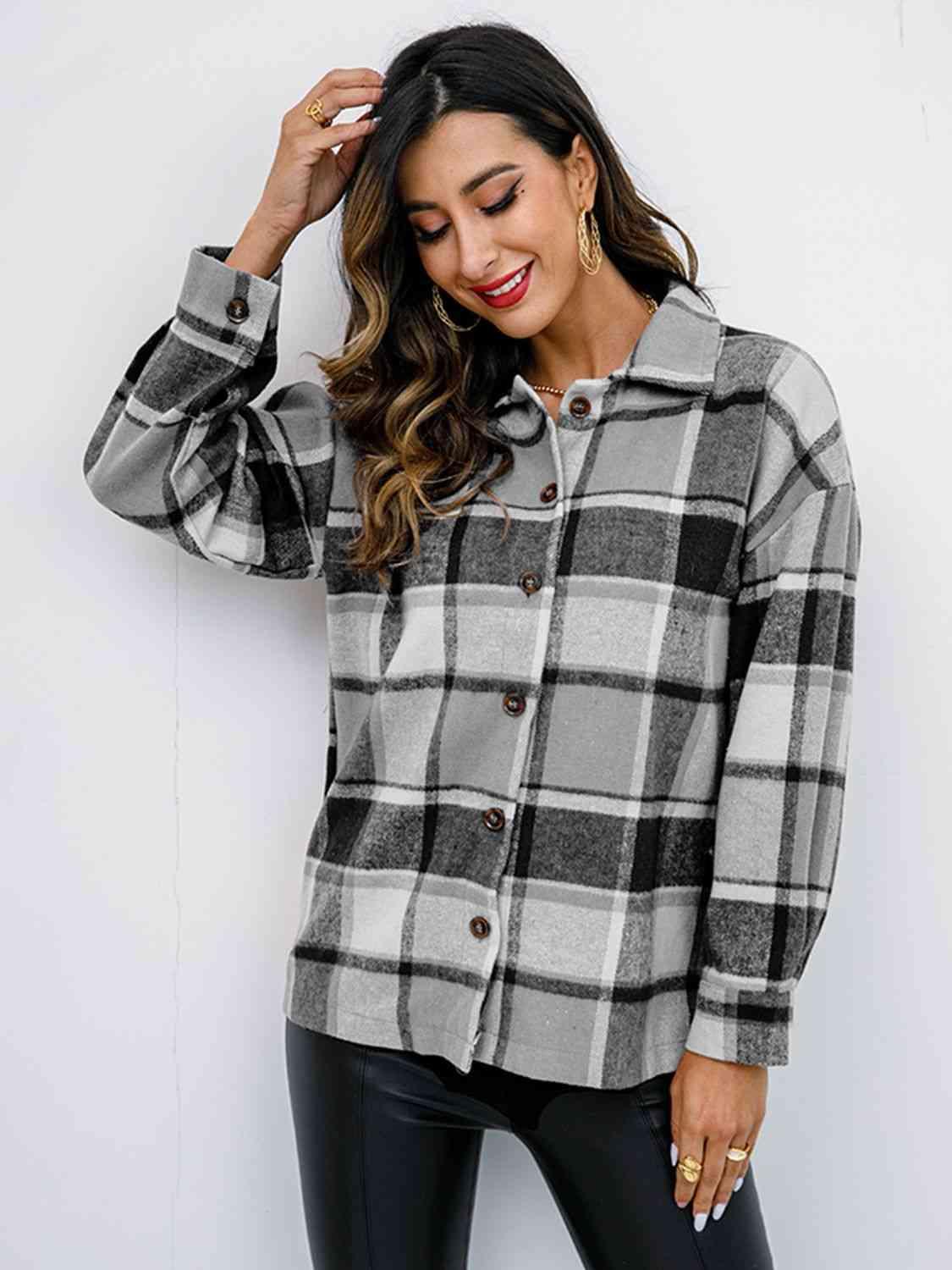Plaid Button Up Collared Neck Jacket - Immenzive
