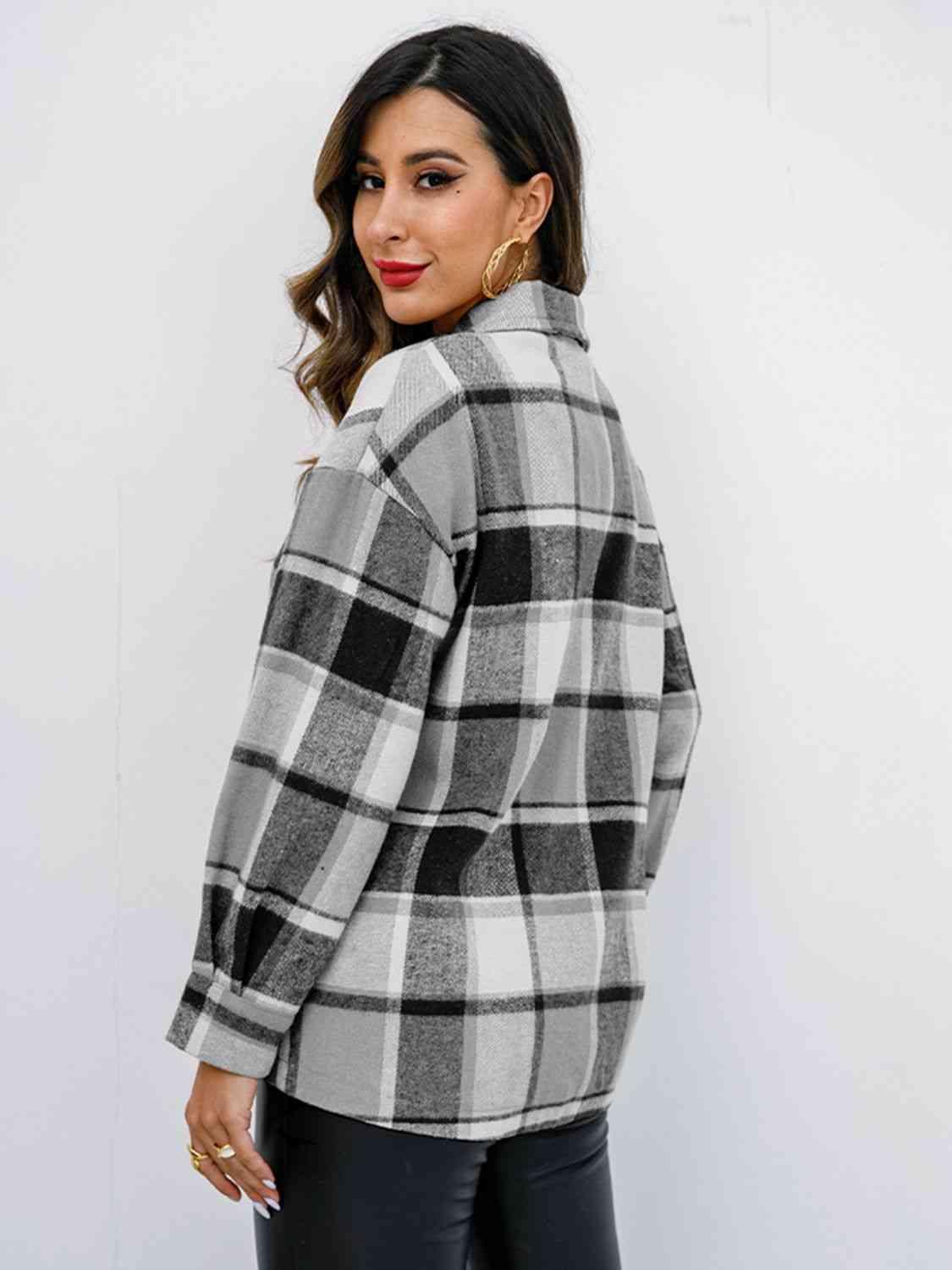 Plaid Button Up Collared Neck Jacket - Immenzive