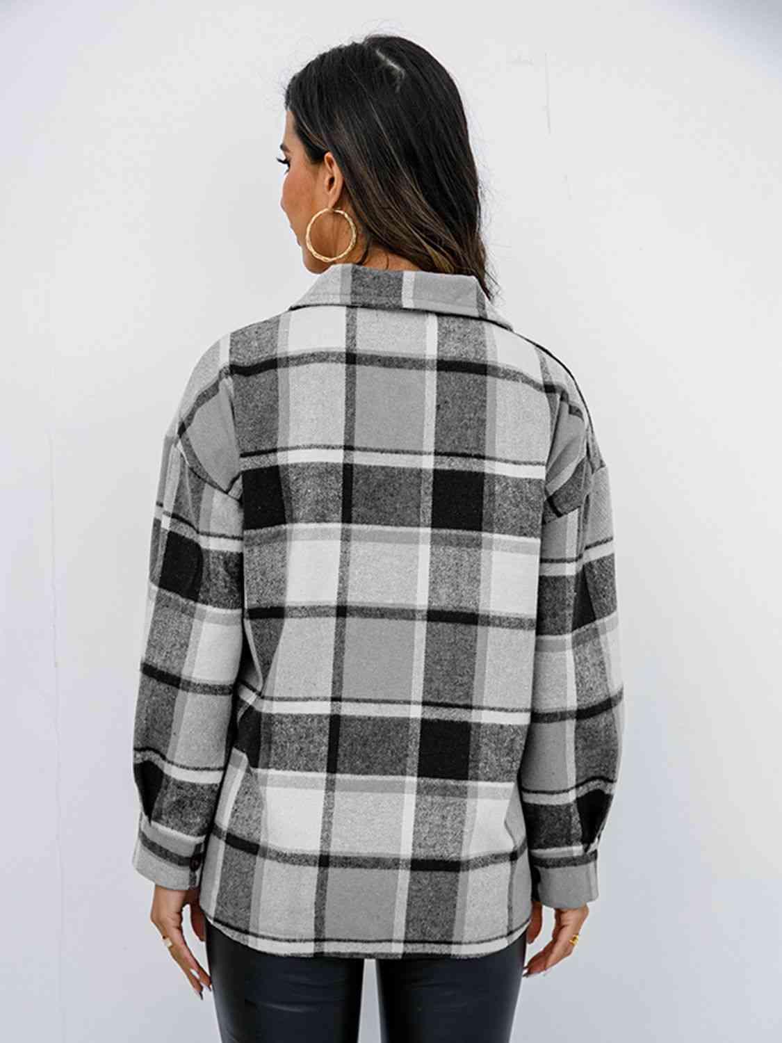 Plaid Button Up Collared Neck Jacket - Immenzive