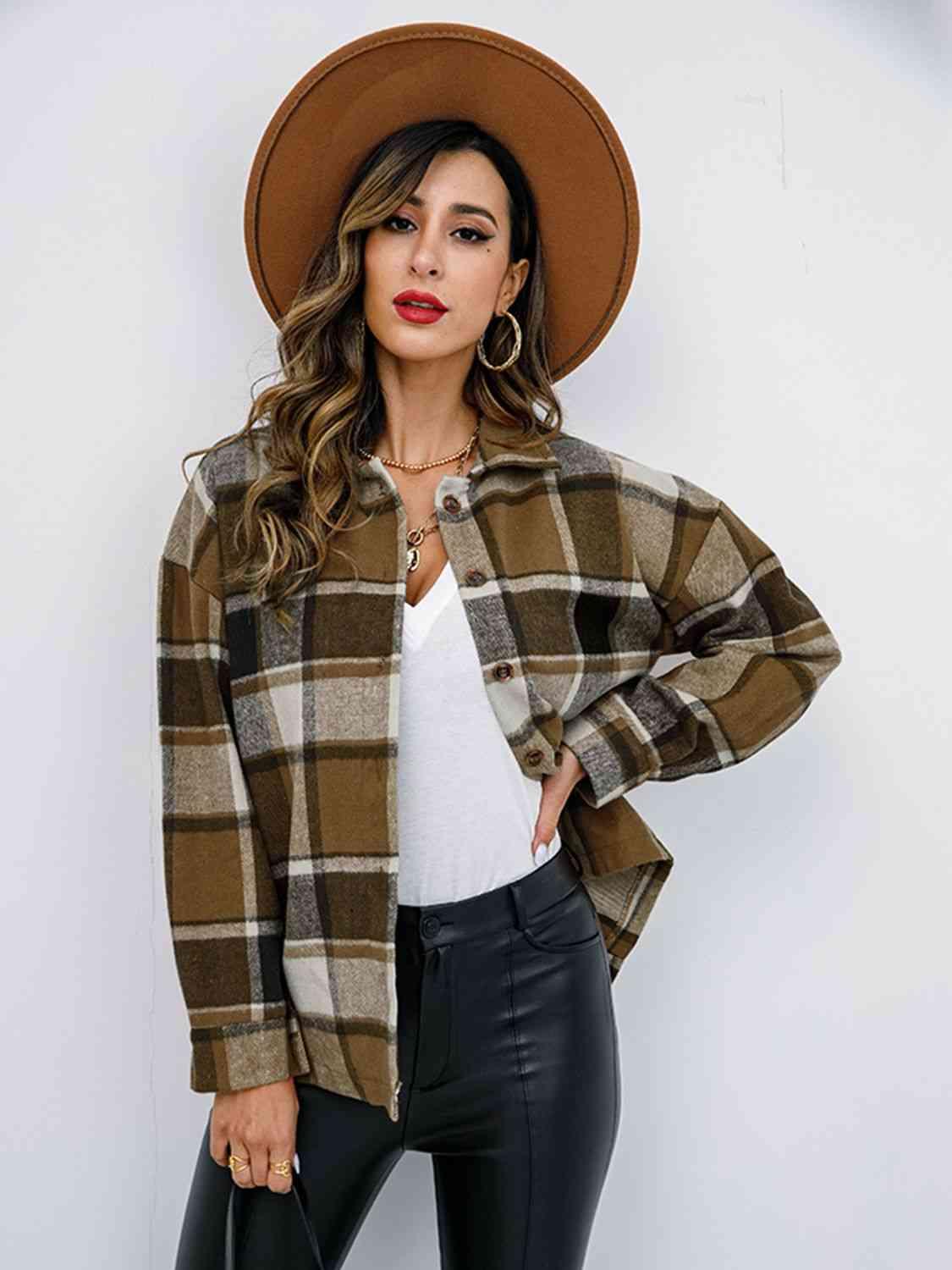 Plaid Button Up Collared Neck Jacket - Immenzive