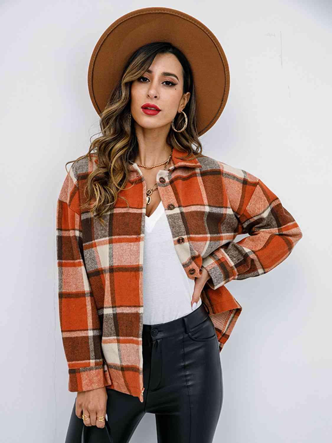 Plaid Button Up Collared Neck Jacket - Immenzive