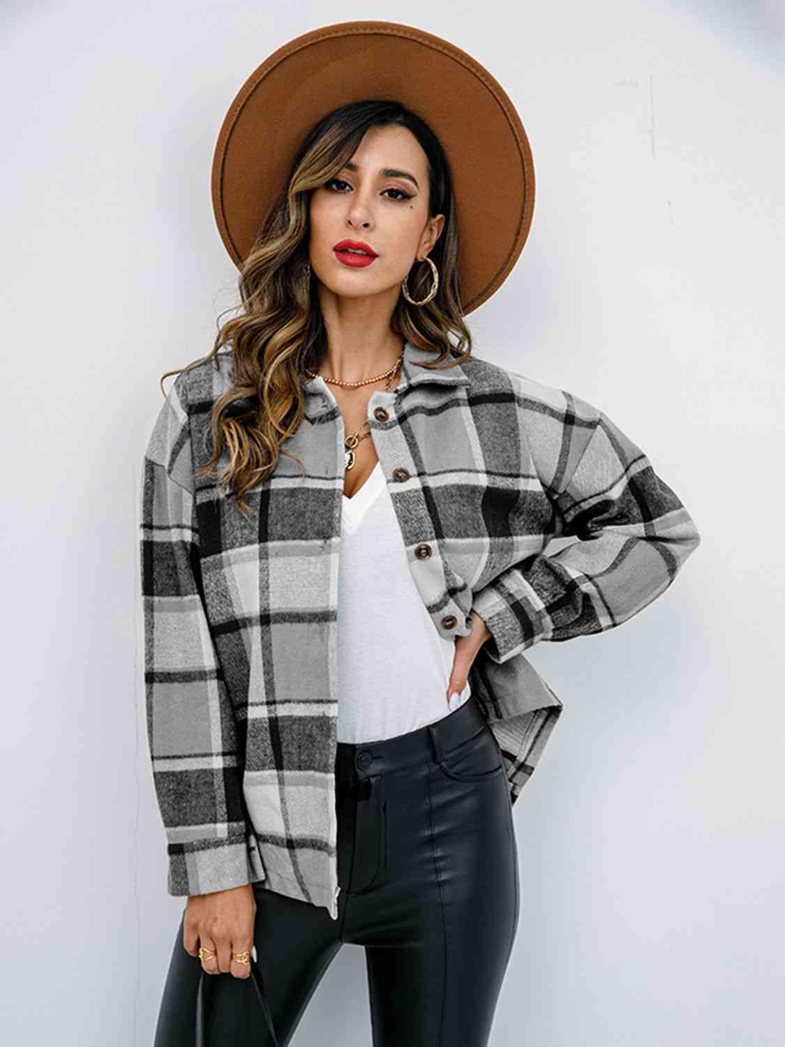 Plaid Button Up Collared Neck Jacket - Immenzive