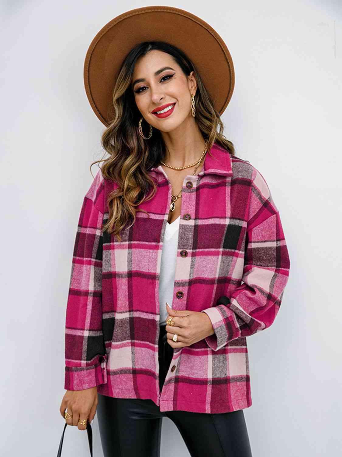 Plaid Button Up Collared Neck Jacket - Immenzive