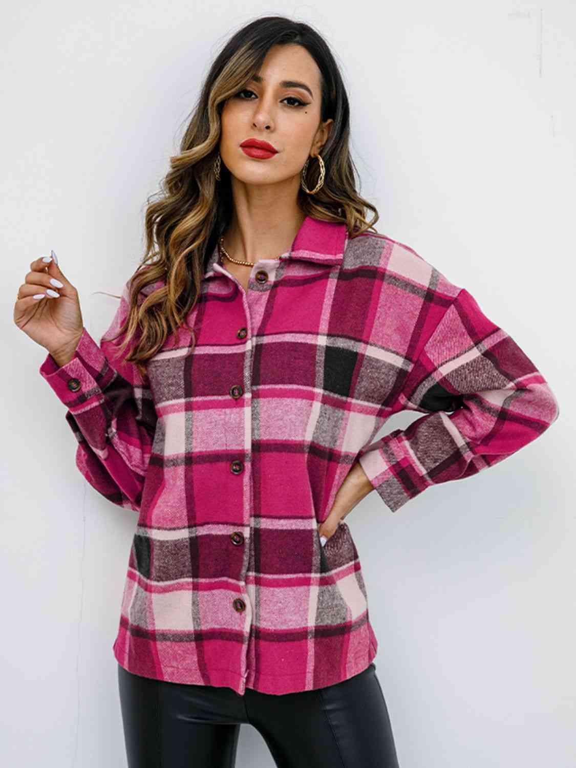 Plaid Button Up Collared Neck Jacket - Immenzive