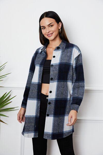 Plaid Button Up Collared Neck Outerwear - Immenzive