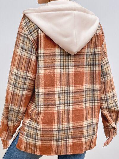 Plaid Button Up Drawstring Hooded Jacket - Immenzive