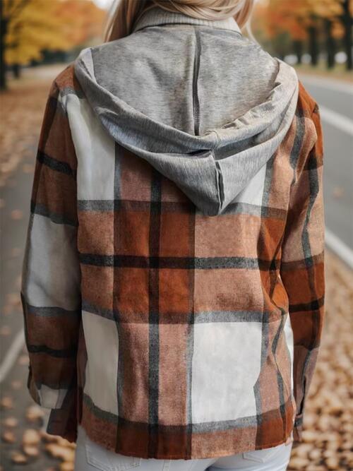 Plaid Button Up Drawstring Hooded Shirt - Immenzive