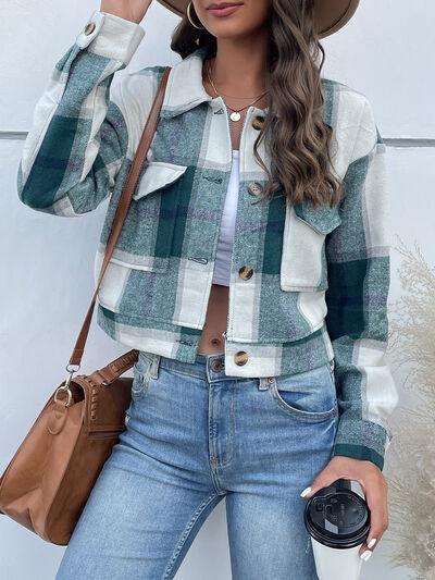 Plaid Button Up Drop Shoulder Cropped Jacket - Immenzive
