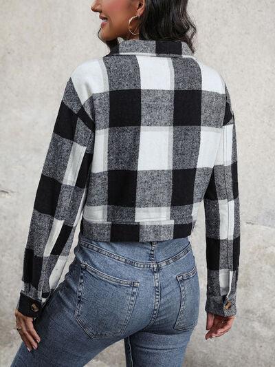 Plaid Button Up Drop Shoulder Cropped Jacket - Immenzive
