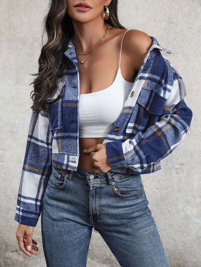 Plaid Button Up Drop Shoulder Cropped Jacket - Immenzive