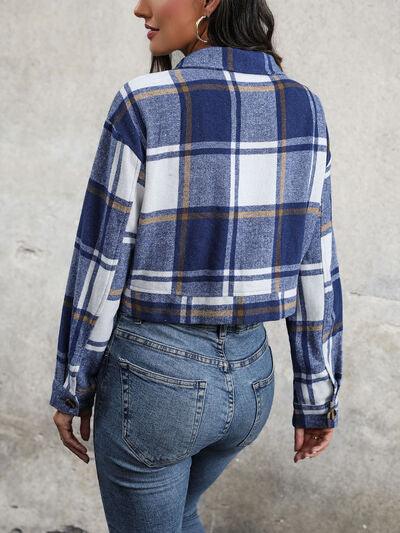 Plaid Button Up Drop Shoulder Cropped Jacket - Immenzive