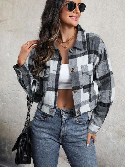 Plaid Button Up Drop Shoulder Cropped Jacket - Immenzive