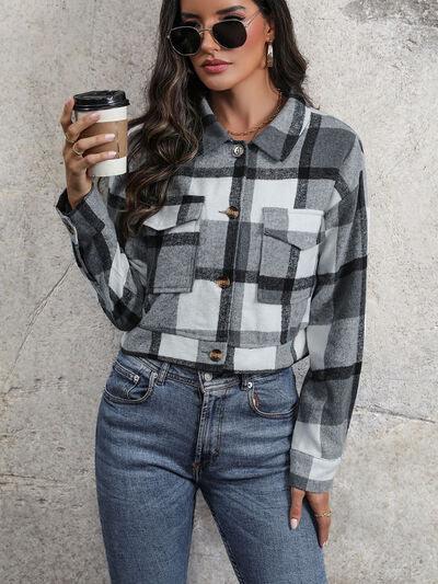 Plaid Button Up Drop Shoulder Cropped Jacket - Immenzive