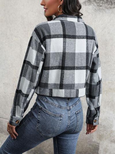 Plaid Button Up Drop Shoulder Cropped Jacket - Immenzive