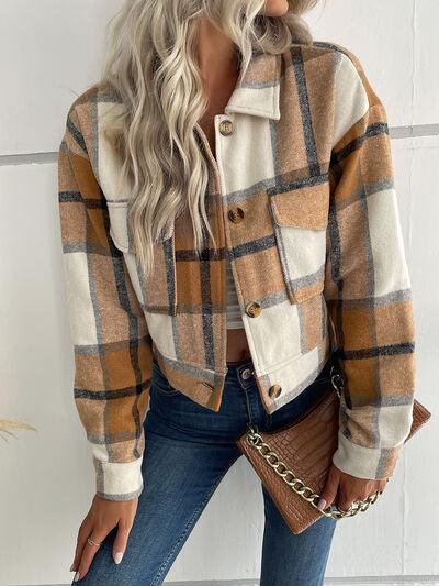 Plaid Button Up Drop Shoulder Cropped Jacket - Immenzive
