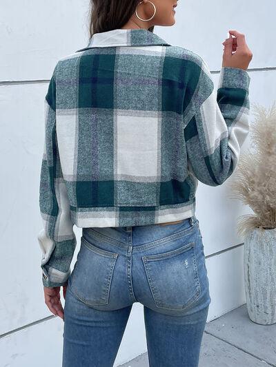 Plaid Button Up Drop Shoulder Cropped Jacket - Immenzive
