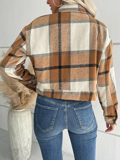 Plaid Button Up Drop Shoulder Cropped Jacket - Immenzive