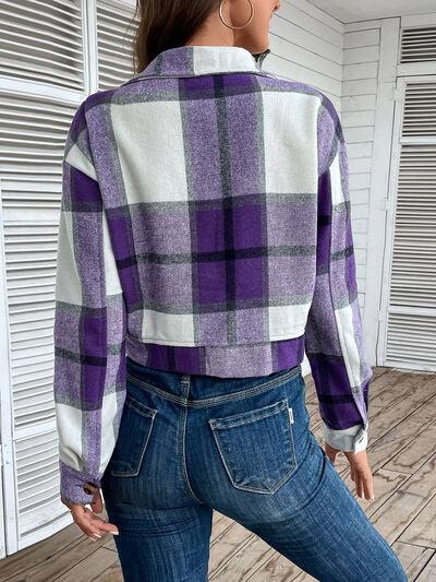 Plaid Button Up Drop Shoulder Cropped Jacket - Immenzive