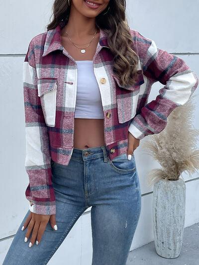 Plaid Button Up Drop Shoulder Cropped Jacket - Immenzive