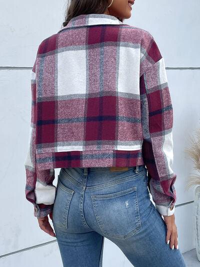 Plaid Button Up Drop Shoulder Cropped Jacket - Immenzive