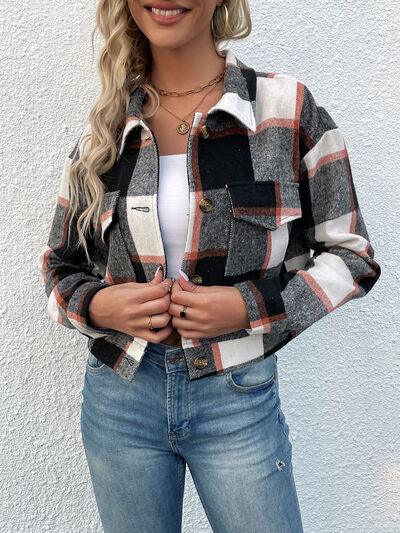 Plaid Button Up Drop Shoulder Cropped Jacket - Immenzive