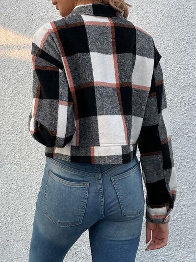 Plaid Button Up Drop Shoulder Cropped Jacket - Immenzive