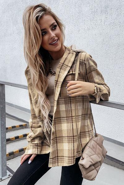 Plaid Button Up Hooded Jacket with Pockets - Immenzive