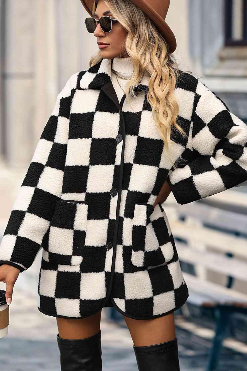 Plaid Buttoned Collared Neck Faux Fur Outwear - Immenzive