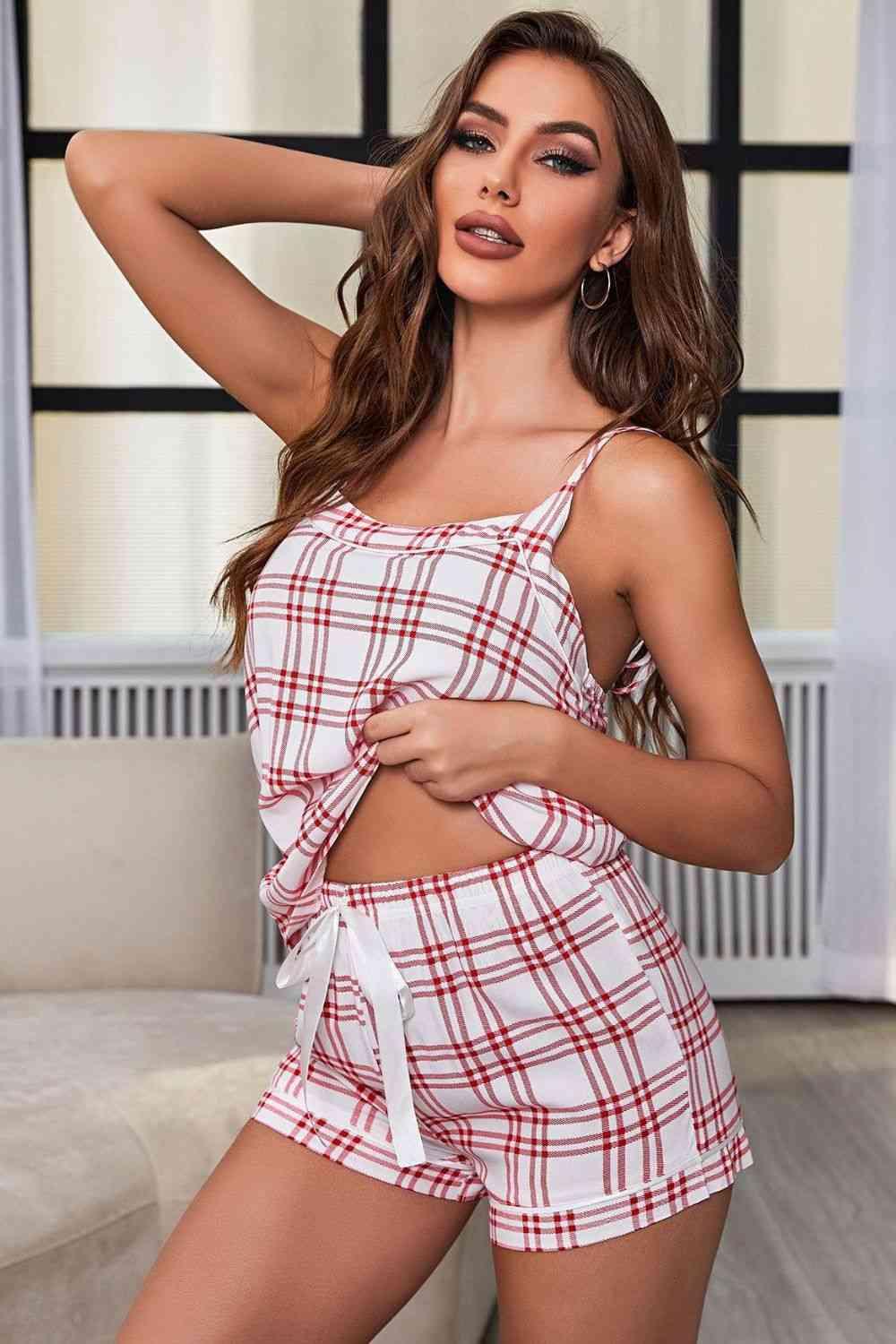 Plaid Cami and Tie-Front Shorts Pajama Set - Immenzive