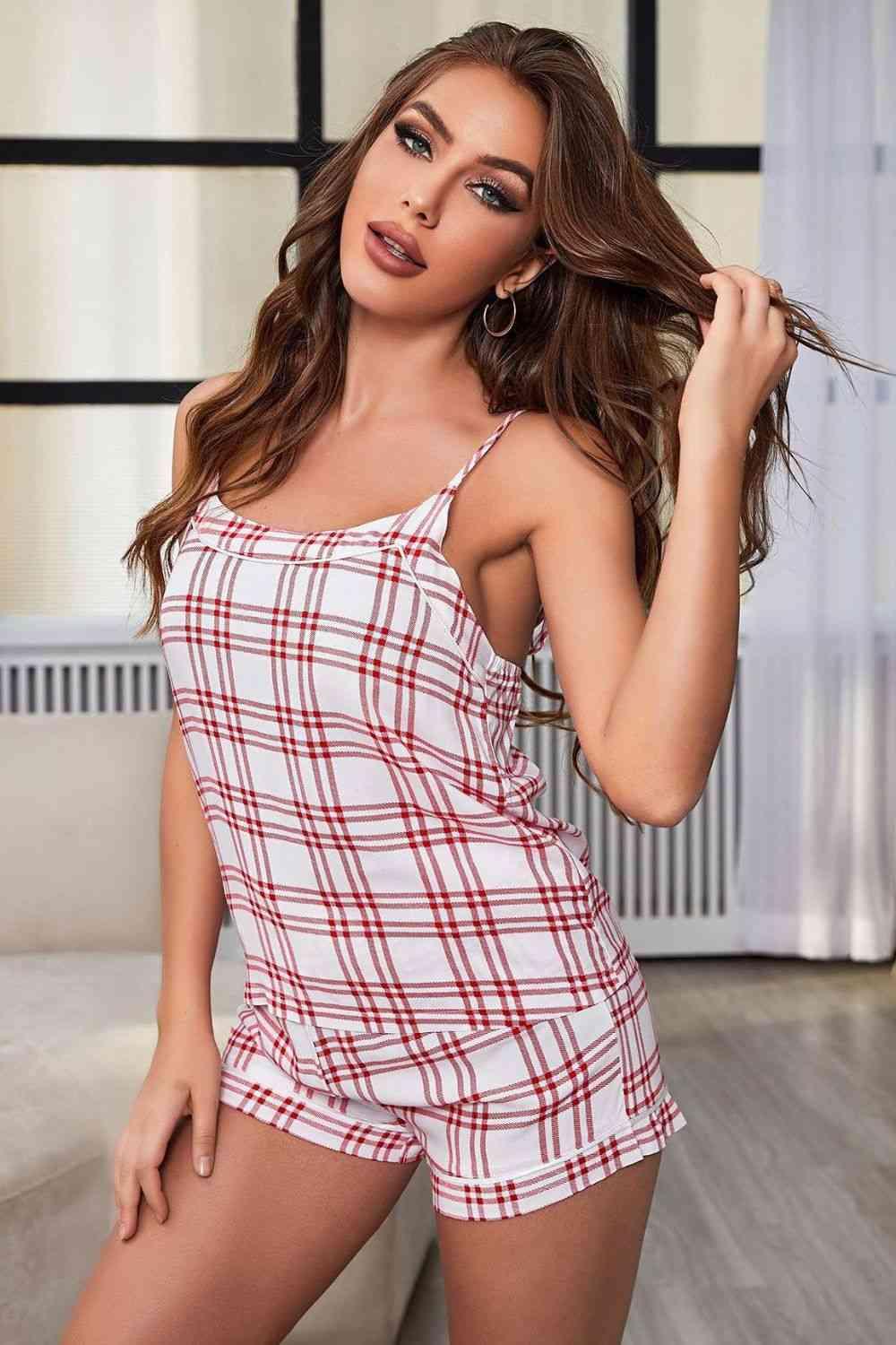 Plaid Cami and Tie-Front Shorts Pajama Set - Immenzive