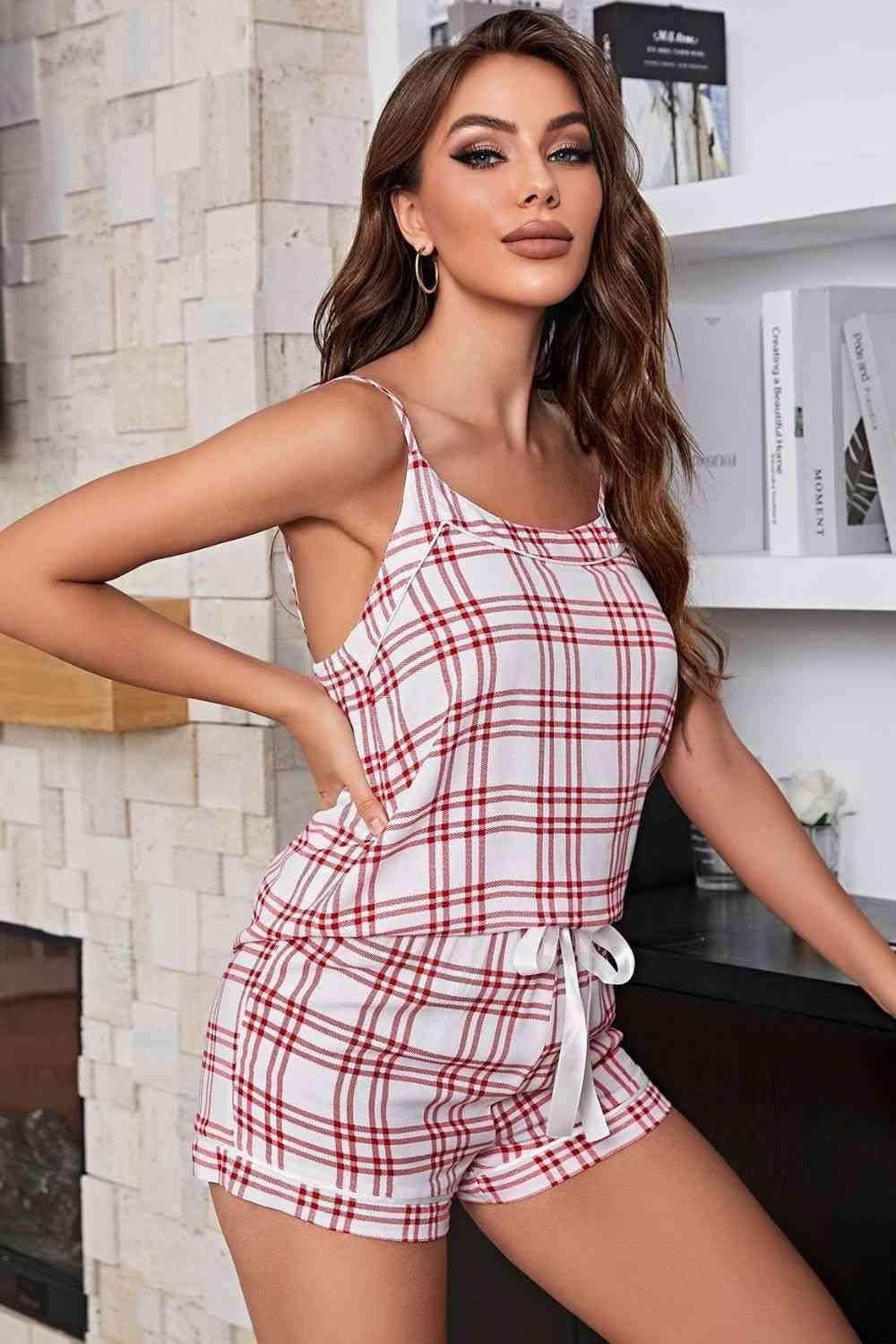 Plaid Cami and Tie-Front Shorts Pajama Set - Immenzive