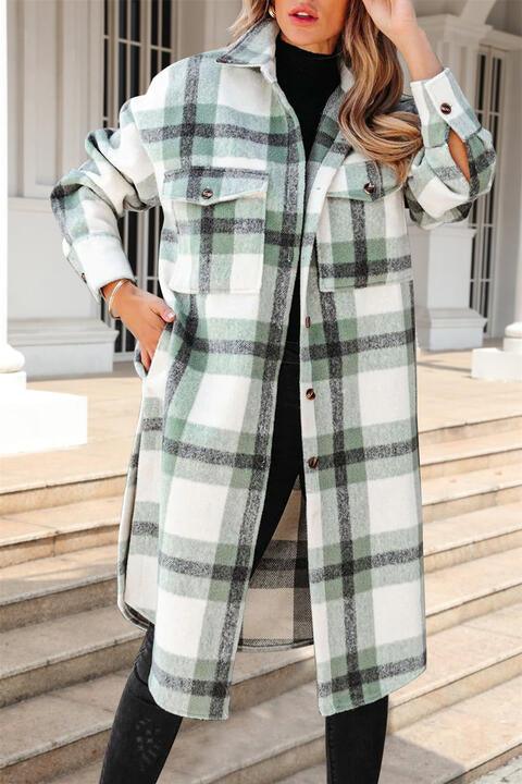 Plaid Collared Button Down Coat - Immenzive