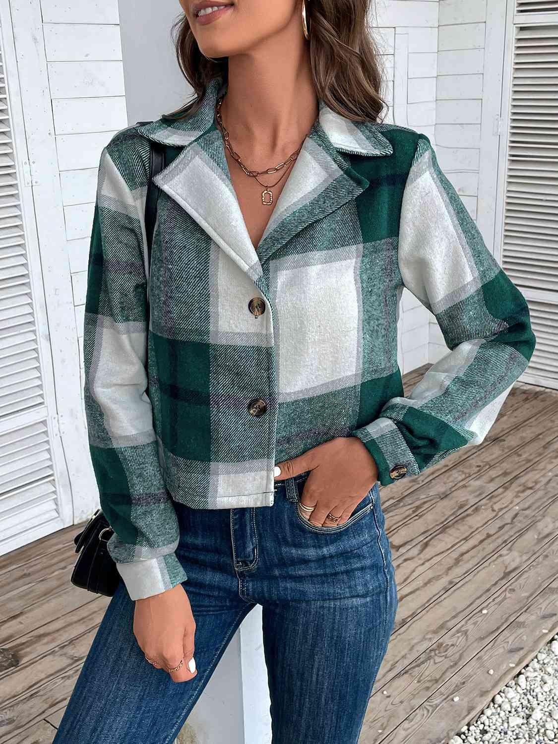 Plaid Collared Neck Button Up Long Sleeve Jacket - Immenzive