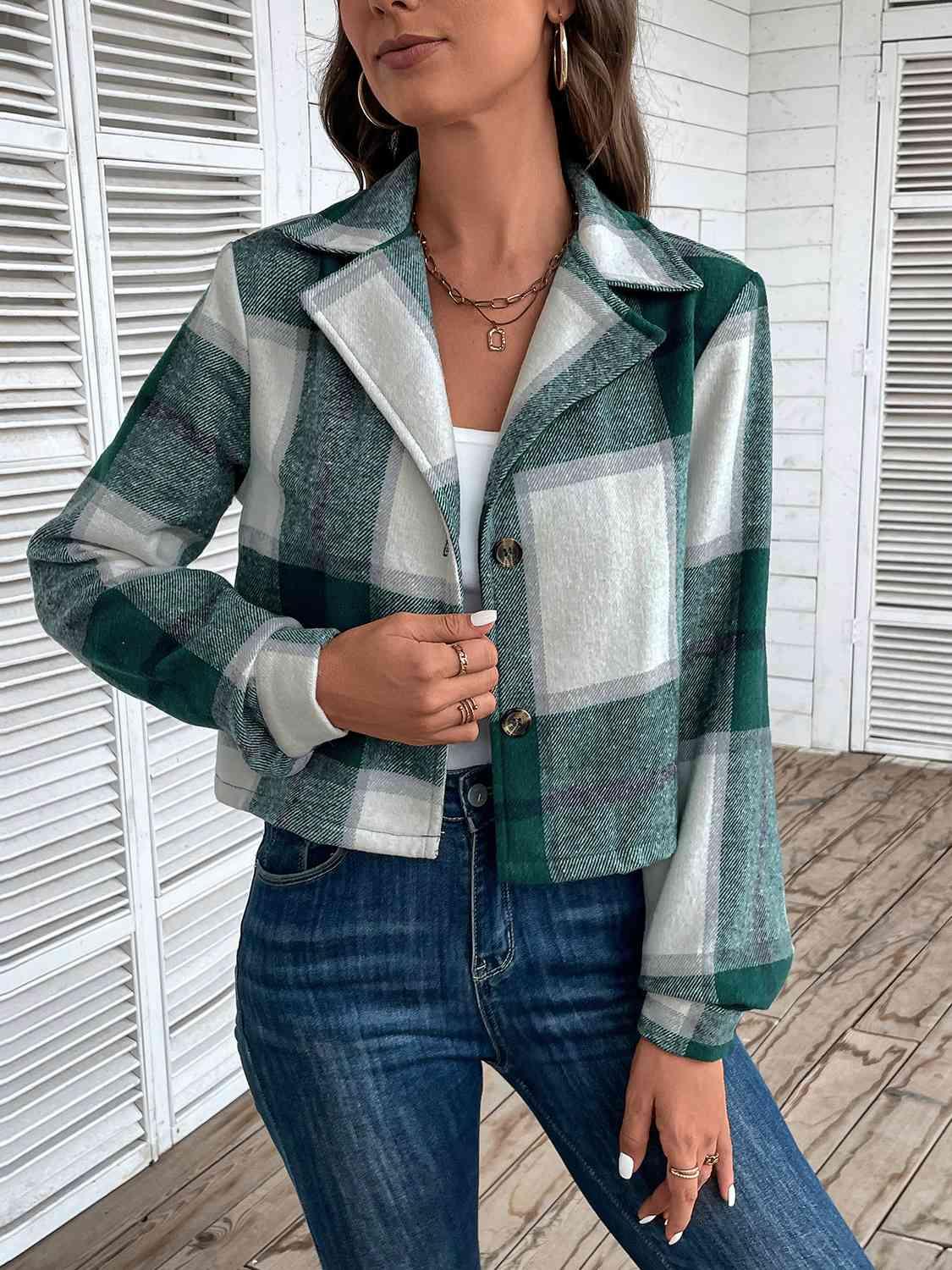 Plaid Collared Neck Button Up Long Sleeve Jacket - Immenzive