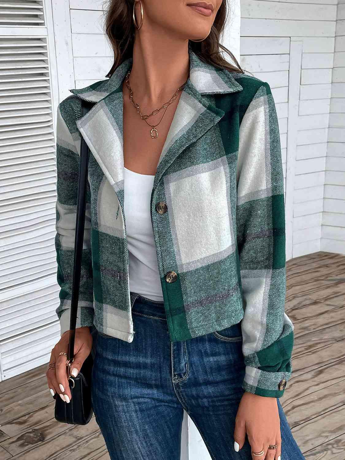 Plaid Collared Neck Button Up Long Sleeve Jacket - Immenzive