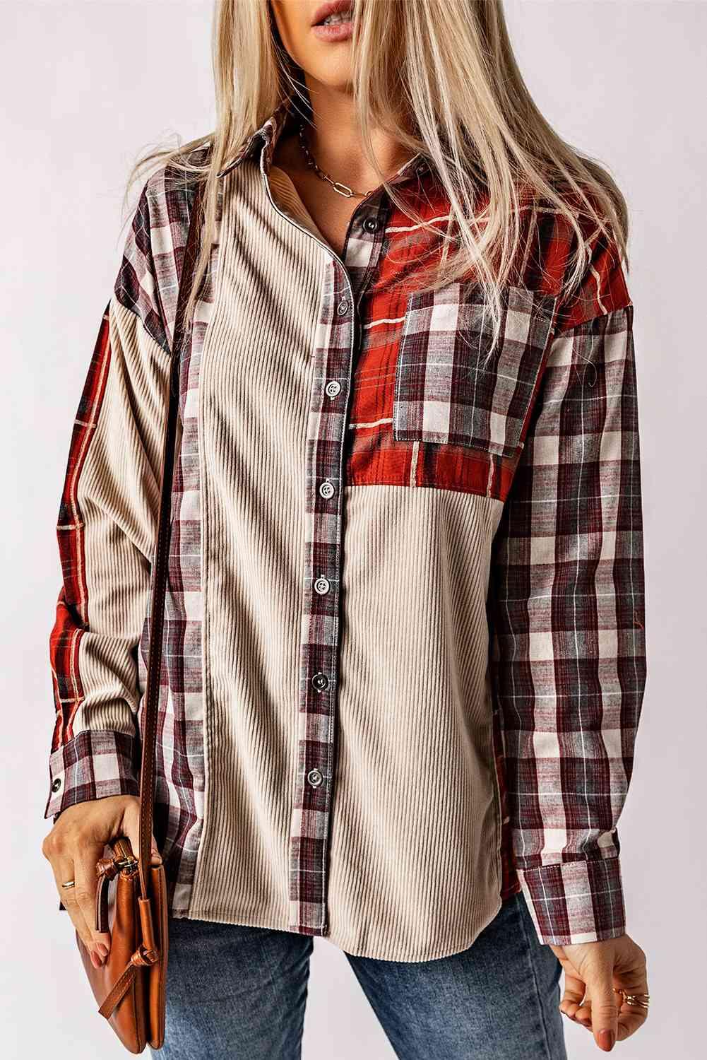 Plaid Collared Neck Buttoned Shirt with Pocket - Immenzive