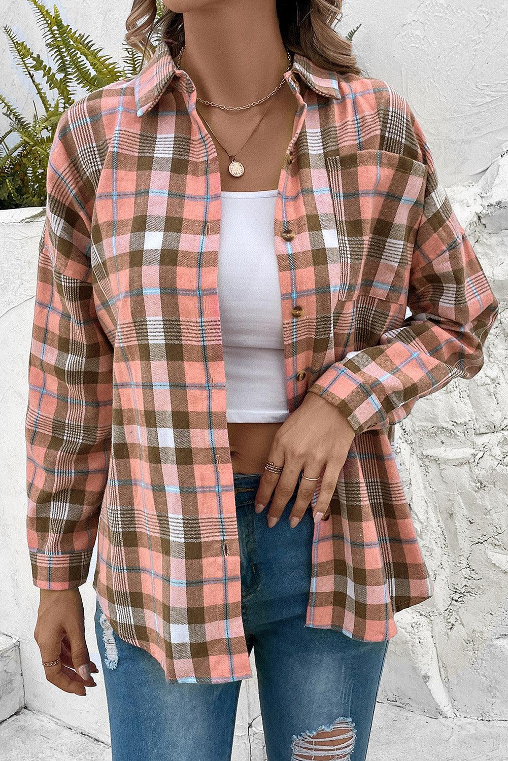 Plaid Collared Neck Long Sleeve Button-Up Shirt - Immenzive