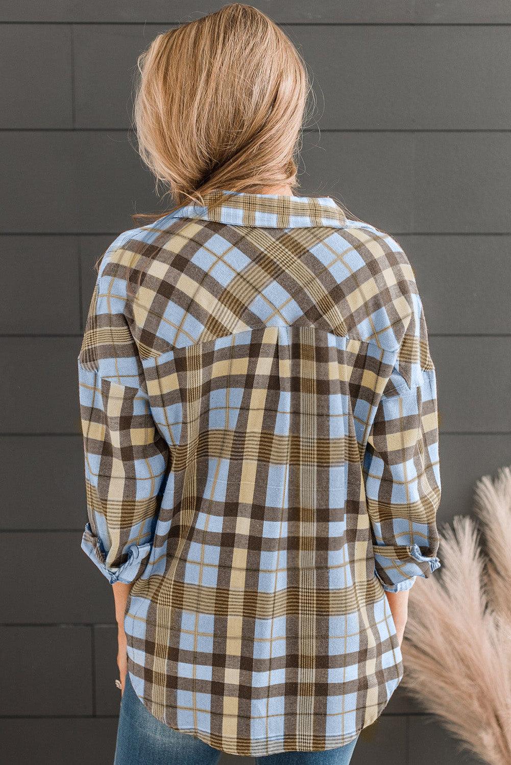 Plaid Collared Neck Long Sleeve Button-Up Shirt - Immenzive