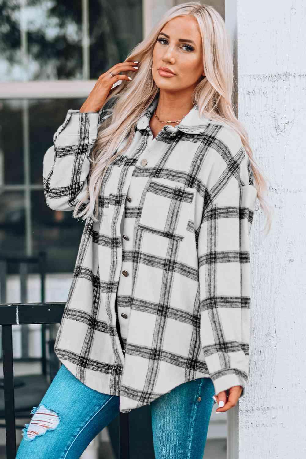 Plaid Curved Hem Dropped Shoulder Longline Shirt Jacket - Immenzive