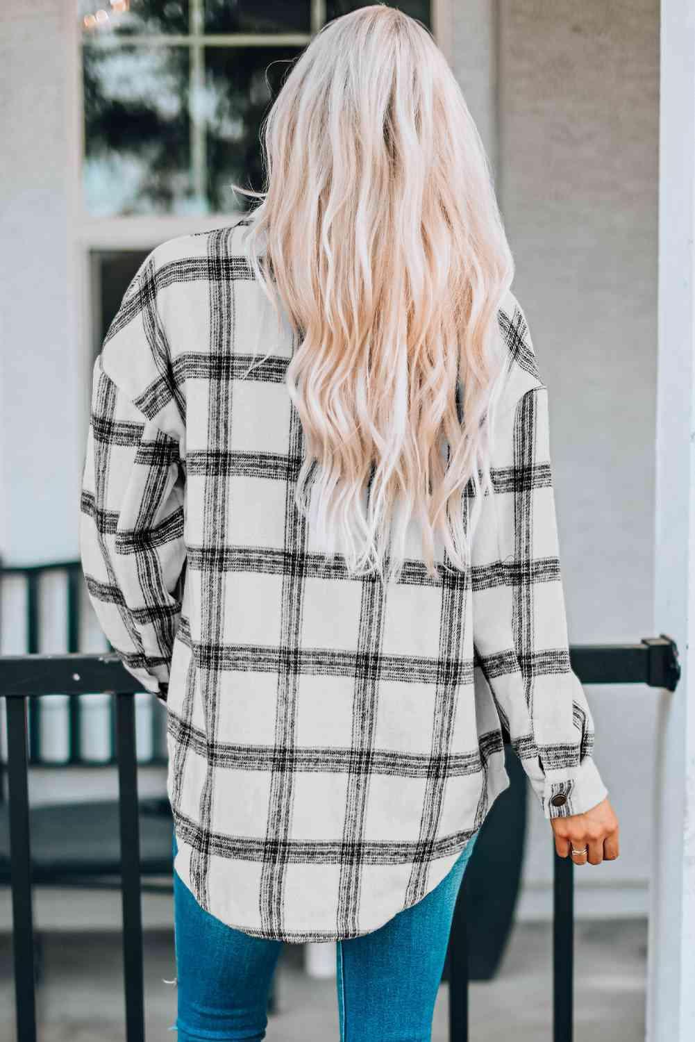 Plaid Curved Hem Dropped Shoulder Longline Shirt Jacket - Immenzive