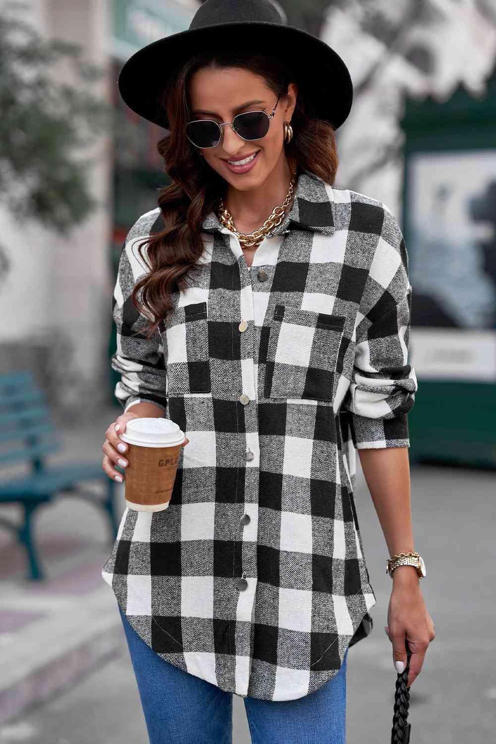 Plaid Curved Hem Dropped Shoulder Longline Shirt Jacket - Immenzive