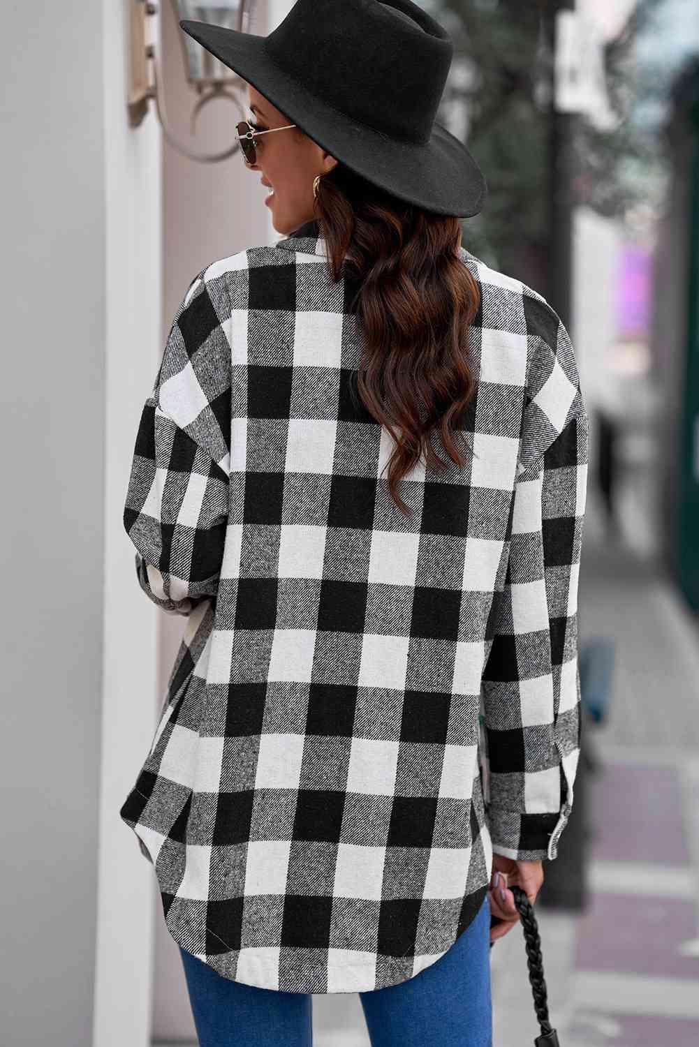 Plaid Curved Hem Dropped Shoulder Longline Shirt Jacket - Immenzive