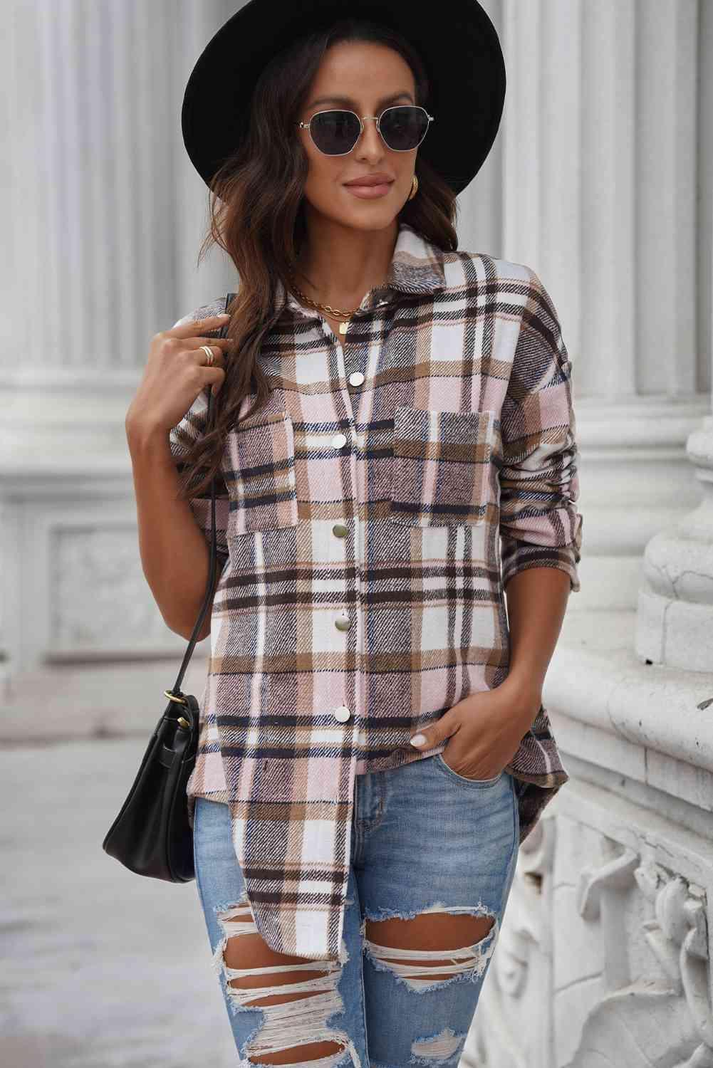 Plaid Curved Hem Dropped Shoulder Longline Shirt Jacket - Immenzive