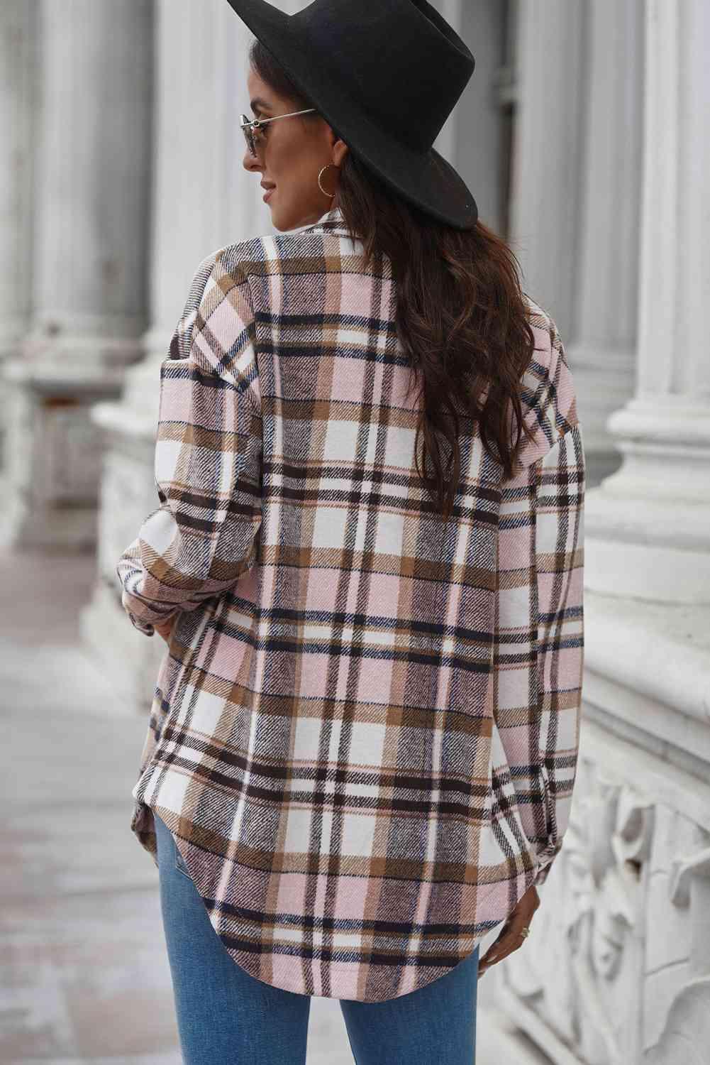 Plaid Curved Hem Dropped Shoulder Longline Shirt Jacket - Immenzive