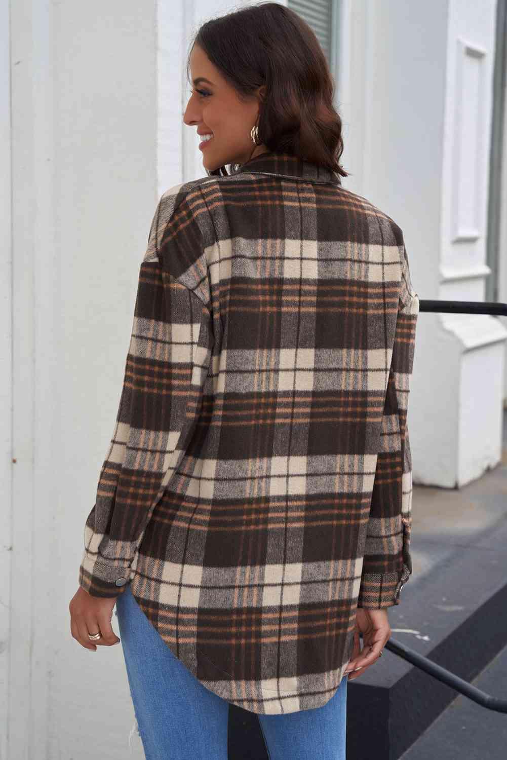 Plaid Curved Hem Dropped Shoulder Longline Shirt Jacket - Immenzive