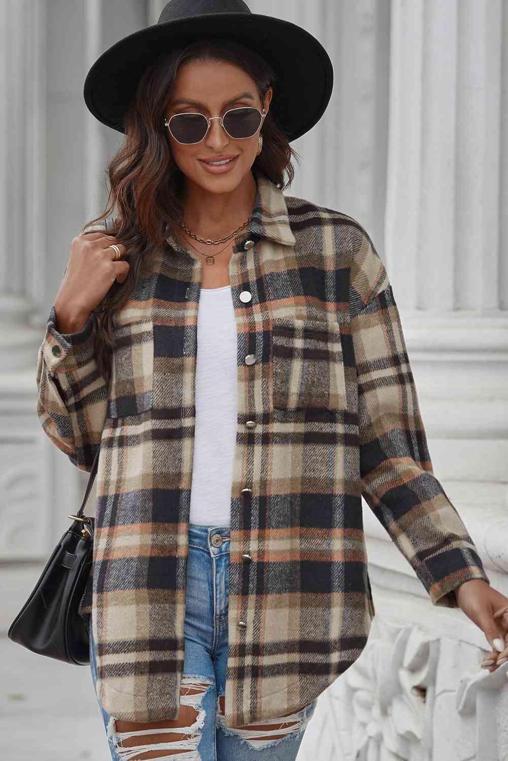 Plaid Curved Hem Dropped Shoulder Longline Shirt Jacket - Immenzive