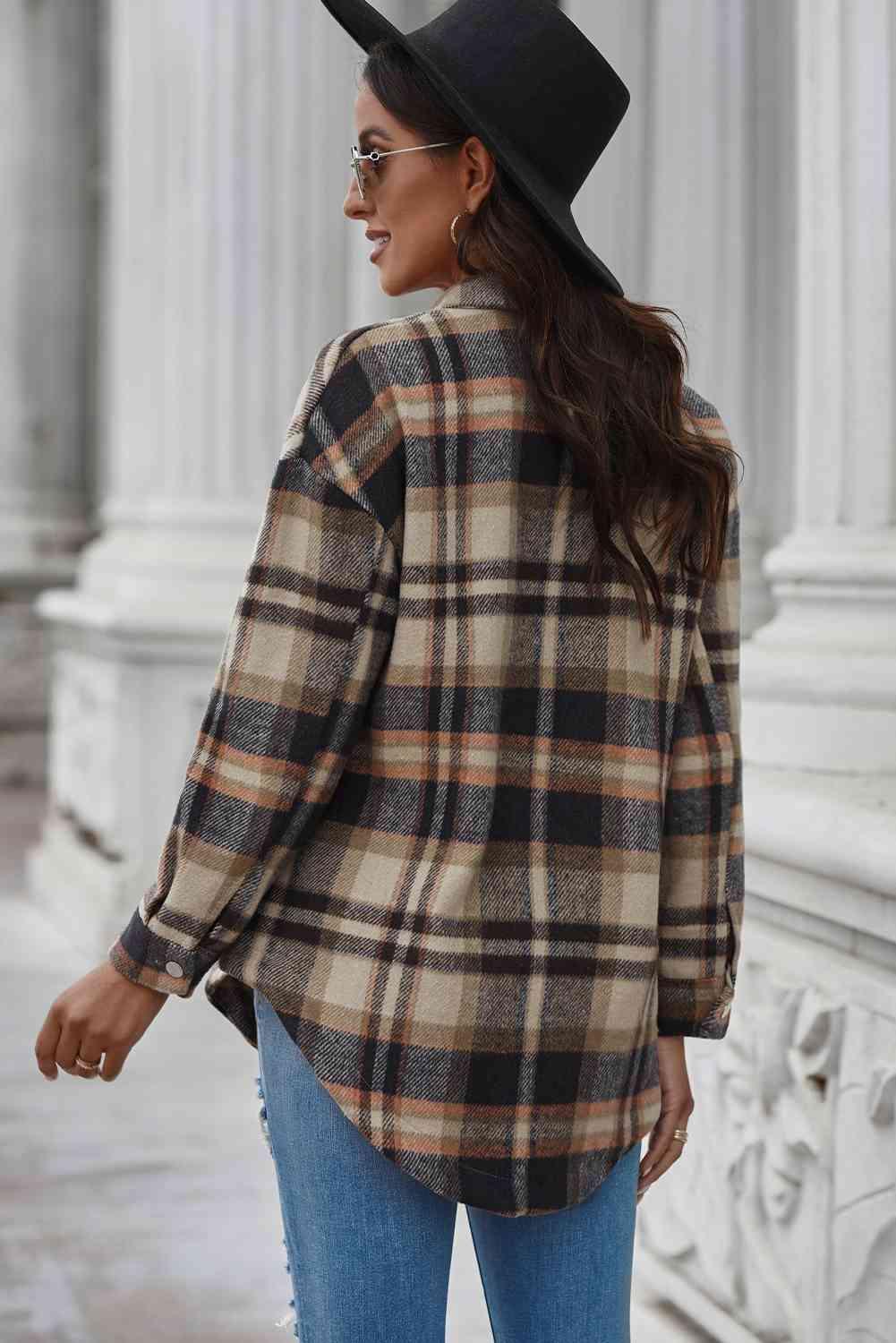 Plaid Curved Hem Dropped Shoulder Longline Shirt Jacket - Immenzive