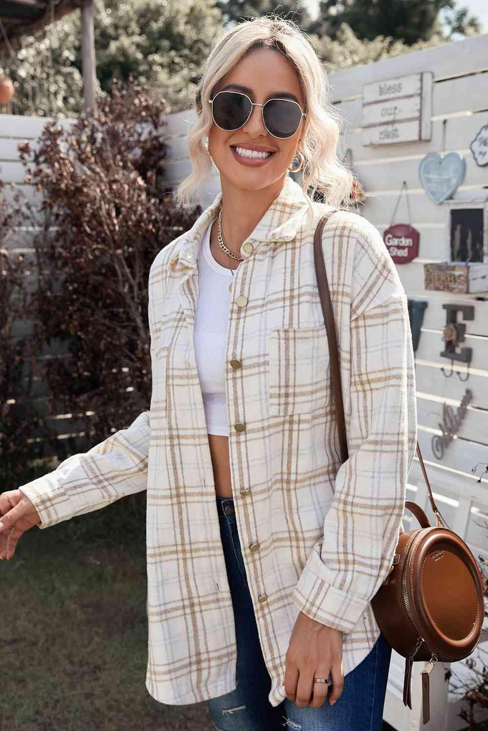 Plaid Curved Hem Dropped Shoulder Longline Shirt Jacket - Immenzive