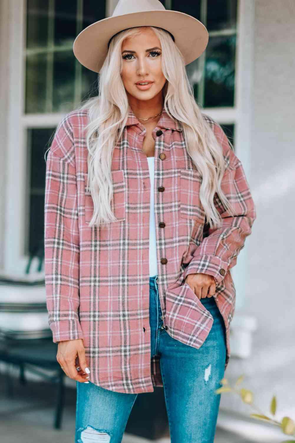 Plaid Curved Hem Dropped Shoulder Longline Shirt Jacket - Immenzive