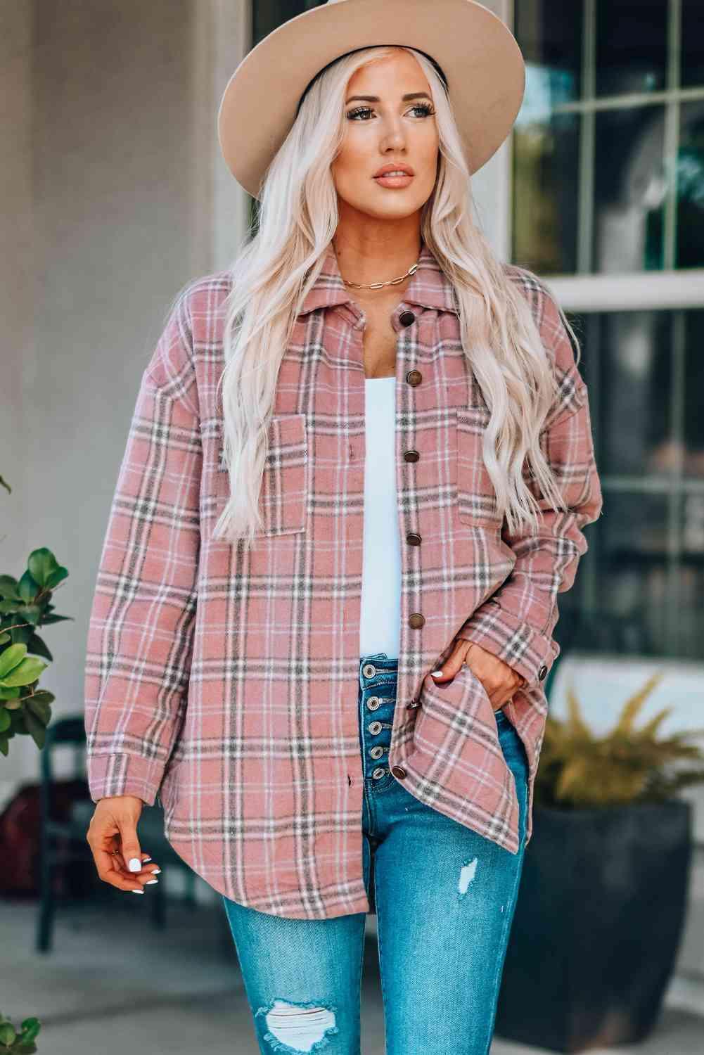 Plaid Curved Hem Dropped Shoulder Longline Shirt Jacket - Immenzive